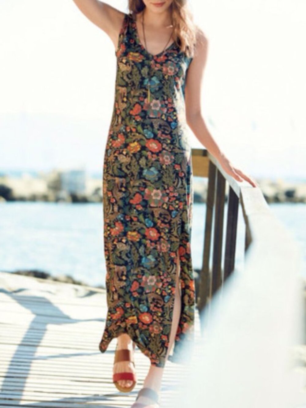 Peruvian Connection Floral Boho Chic Sleeveless V-Neck Slit Maxi Dress XL